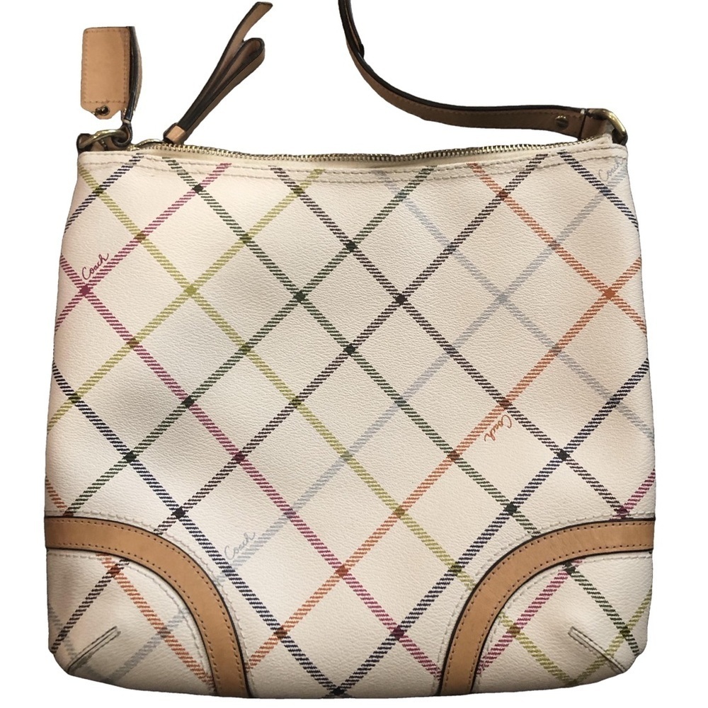 Coach Factory Peyton diagonal tattersall plaid shoulder crossbody zipper close - Picture 2 of 15